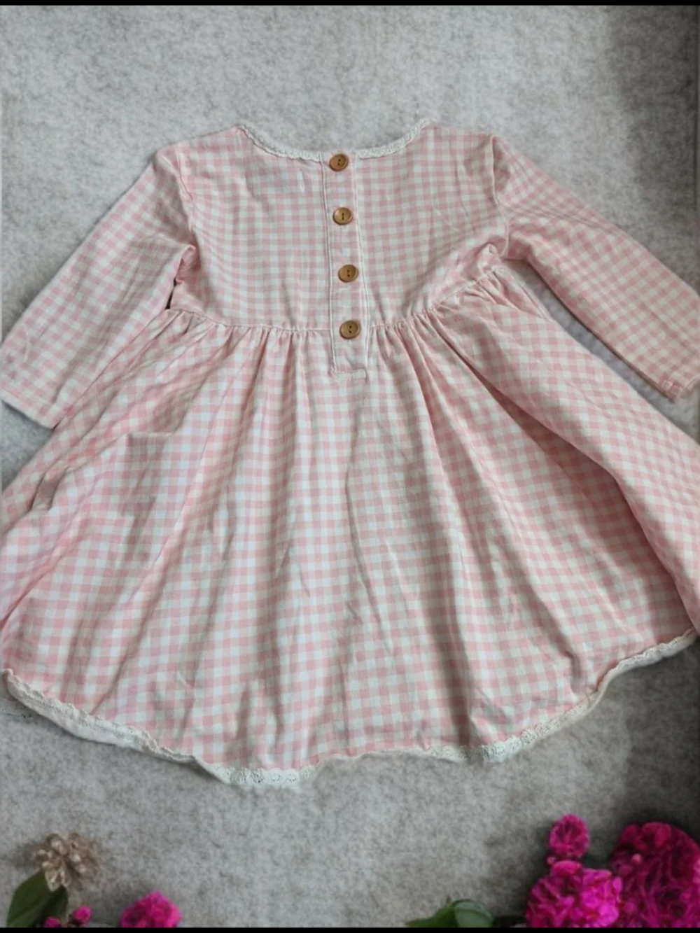 SweetHoney Pink and White Gingham Long-Sleeve Dress with Wooden Buttons